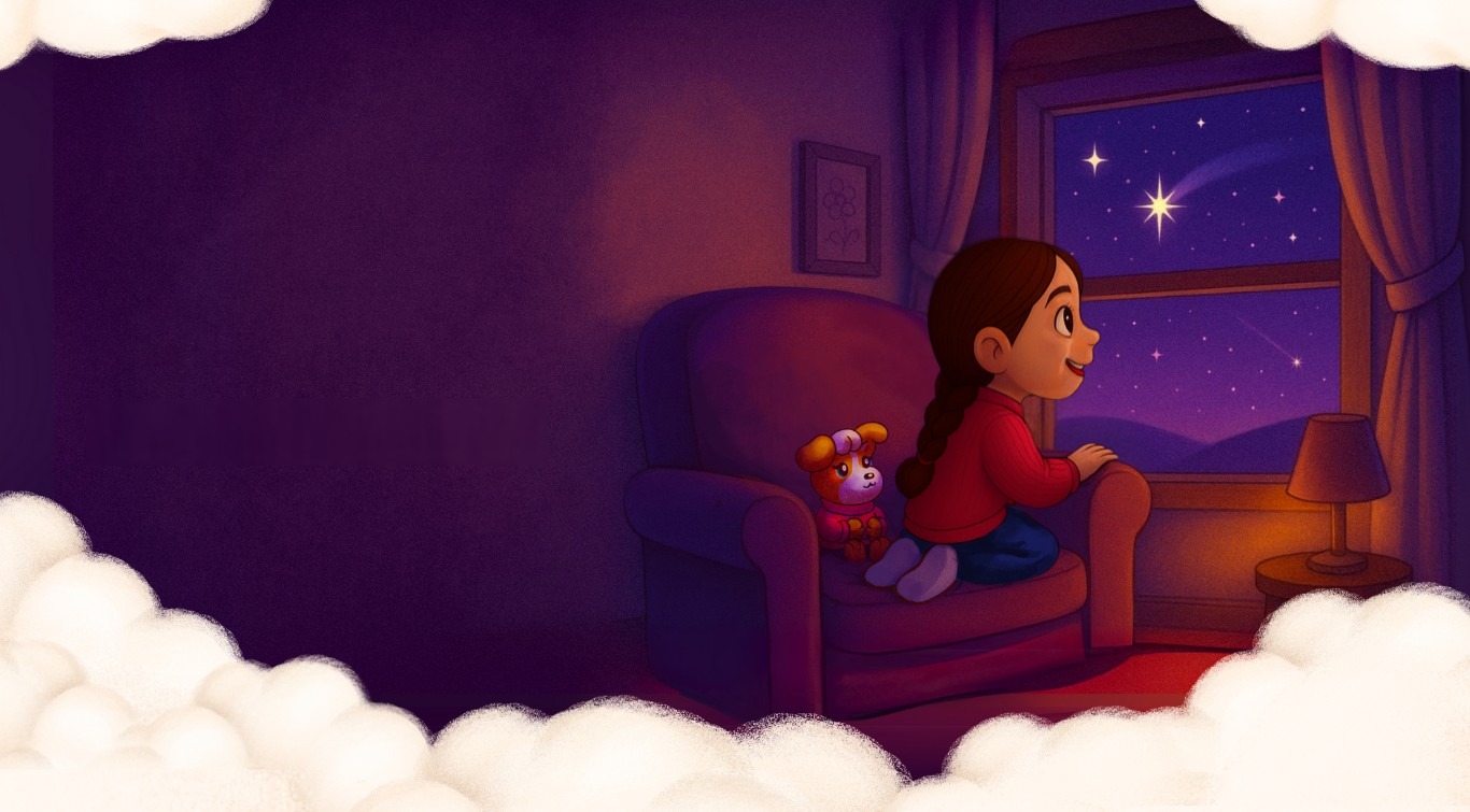 Reny, curled up in an armchair with her Pipa toy, watching a shooting star out the window
