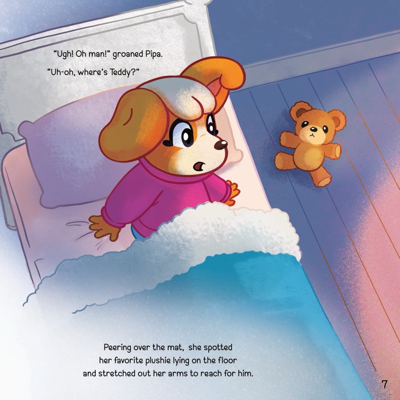 Pipa waking up in bed and spotting Teddy on the bedroom floor