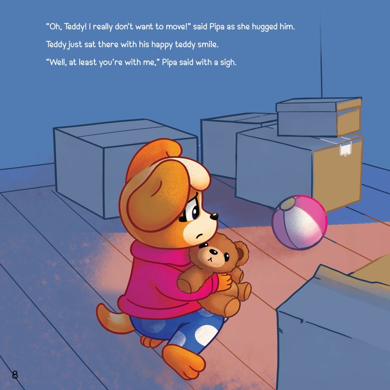 Pipa sitting among packed moving boxes, hugging Teddy