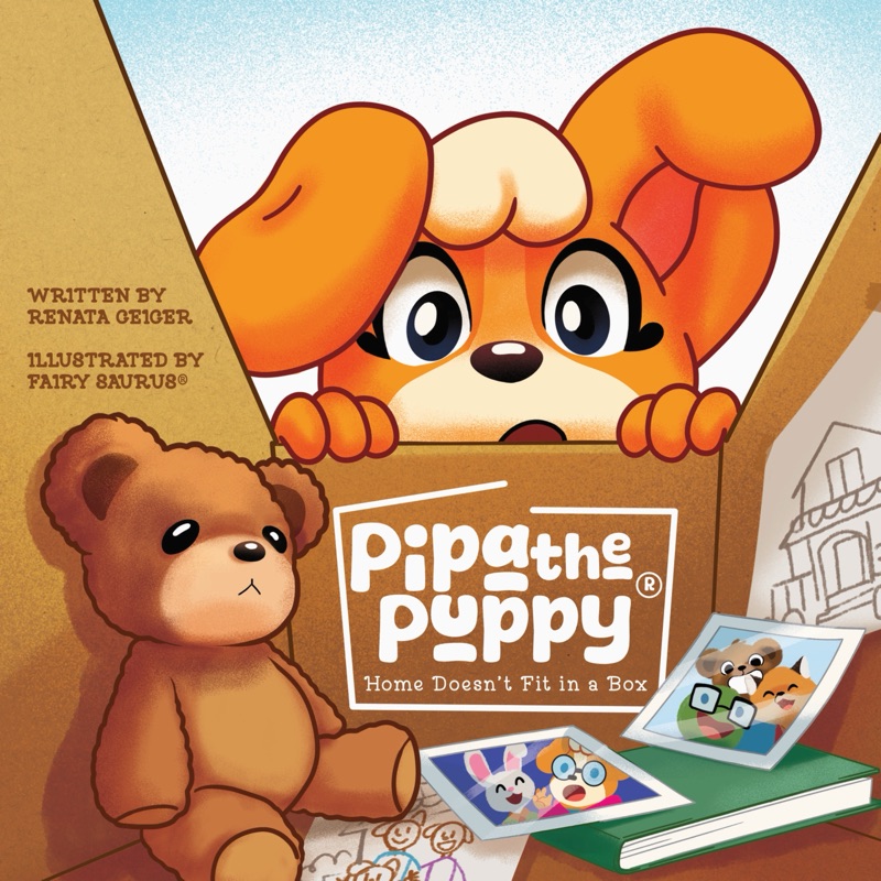 Cover of Home Doesn’t Fit in a Box: Pipa peeking over a moving box with her teddy