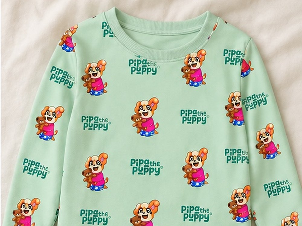 Pipa the Puppy apparel: a soft cotton long-sleeve top printed all over with Pipa and the wordmark