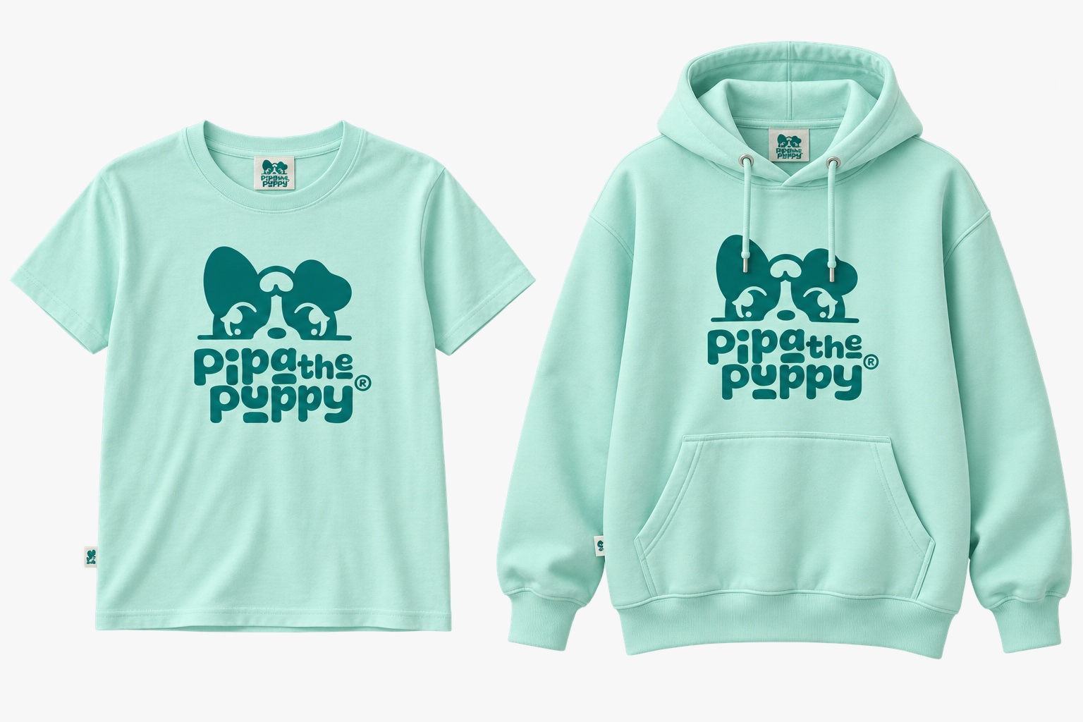 Pipa the Puppy® mint T-shirt and hoodie with the Pipa logo